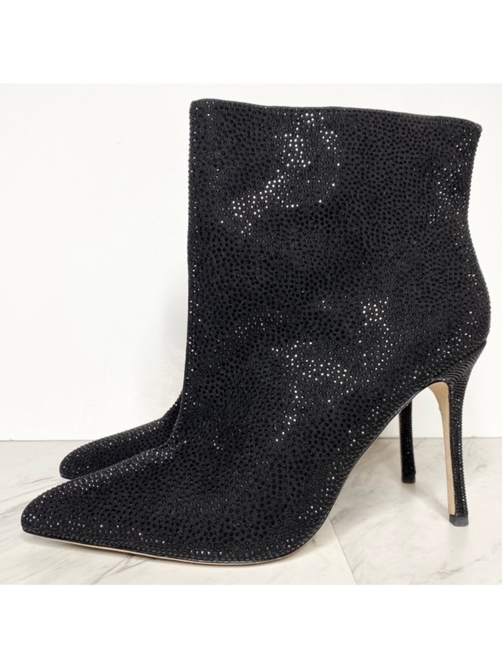 L’agence Mariette Pointy Toe Black Rhinestone Heeled Bootie 9 1/2